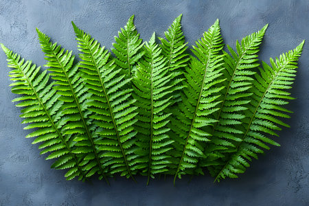 Vibrant green fern leaves fan out against a textured grey background, showcasing natural symmetry and organic elegance. ideal for botanical art, nature-themed projects, or design inspiration. Generative AIの素材
