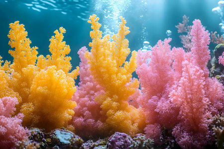 Colorful coral formations in a vibrant reef ecosystem showcase diverse marine life and natural beauty. brilliant sunlight penetrates the water, illuminating the intricate textures and lively hues of yellow and pink corals. Generative AIの素材