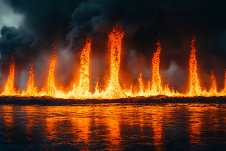 Fiery lava erupts from the ground, creating towering flames against a backdrop of dark smoke. the fire's reflection shimmers on the water, the intense, dramatic contrast between fire and water in this natural spectacle. Generative AIの素材