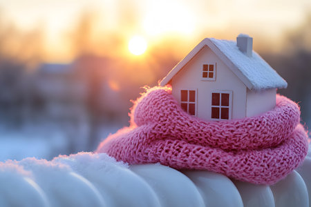 A small model house wrapped in a pink knitted scarf sits on a radiator, symbolizing warmth and comfort during winter. sunlight creates a serene backdrop, emphasizing themes of protection from cold and cozy living. Generative AIの素材