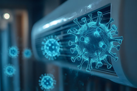 Visualization the potential spread of viruses through air conditioning systems in enclosed spaces. it emphasizes health and safety issues, showing 3d virus models near a modern ac unit. Generative AIの素材