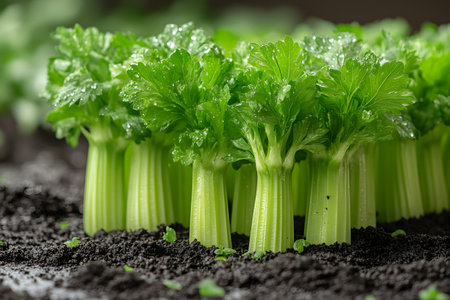 Fresh, vibrant celery stalks thrive in rich, dark soil within a garden setting. the lush green leaves, covered with dewdrops, highlight the vitality and freshness of organic farming, perfect for health and wellness themes. Generative AIの素材