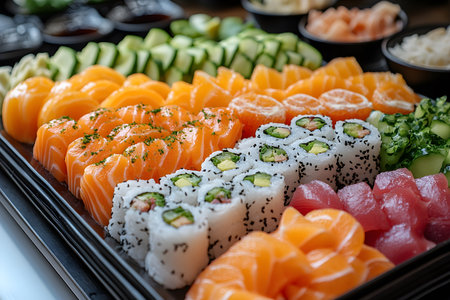 A vibrant assortment of sushi showcasing expertly crafted sashimi, deliciously colorful rolls, and fresh ingredients like salmon, tuna, avocado, and cucumber. ideal for culinary enthusiasts and japanese cuisine promotions. Generative AIの素材