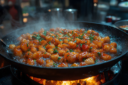 Gnocchi pieces sizzle in a hot pan, glazed with a rich, tomato-based sauce and garnished with fresh herbs. the dish is set against a backdrop of a professional kitchen, capturing the essence of culinary artistry. Generative AIの素材