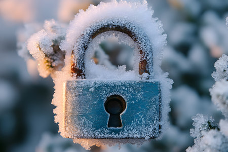A frost-covered padlock hangs on an icy outdoor surface, embodying concepts of security, resilience, and the harsh beauty of winter. the lock is detailed with shimmering ice crystals under soft sunlight, capturing a stark contrast between metal and nature. Generative AIの素材