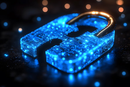 Futuristic digital padlock illuminated in blue, representing cybersecurity and data protection in a digital age. the circuit-like pattern on the lock embodies technology, privacy, and secure networks, emphasizing modern security solutions. Generative AIの素材
