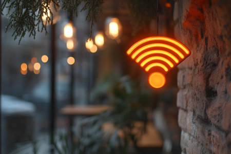 Warm, inviting cafe interior featuring a glowing neon wifi symbol on a brick wall. soft focus on ambient hanging lights creates a cozy atmosphere, blurring the line between technology and relaxation. Generative AIの素材