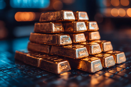 A meticulously arranged stack of gleaming gold bars symbolizing financial stability, investment, and prosperity. the warm lighting enhances the luxurious and valuable appearance, making it ideal for themes of wealth, banking, and security. Generative AIの素材