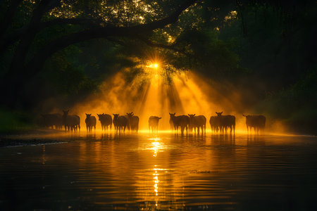 A serene scene of deer silhouetted against a vibrant sunrise, casting golden rays through a dense forest canopy. the reflection on the calm water adds to the ethereal atmosphere, creating a tranquil and mystical environment. Generative AIの素材