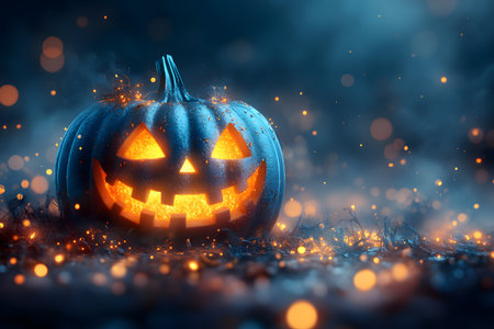 Glowing jack-o'-lantern with a carved smile illuminates a foggy, mystical environment. surrounded by vibrant bokeh lights, this halloween-themed image evokes a sense of enchantment and festive excitement. Generative AIの素材