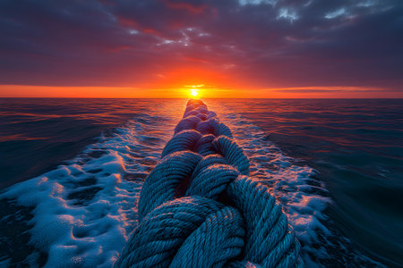 Nautical-themed sunset scene featuring a thick blue rope extending towards the glowing horizon over calm ocean waters. the vibrant sky transitions from deep orange to indigo, the tranquility and beauty of nature's evening spectacle. Generative AIの素材