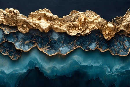 A stunning abstract artwork features a blend of gold and deep blue oceanic hues, creating a flowing resin texture. the piece evokes the elegance of natural gemstones, ideal for modern interior design and art concepts. Generative AIの素材