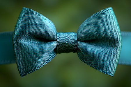 A close-up image of an elegant turquoise silk bow tie set against a blurred green background. the fine texture and vivid color highlight its sophistication, ideal for fashion design, formal wear inspiration, or men's accessory styling. Generative AIの素材