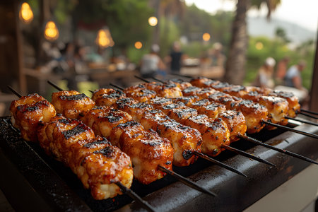 Juicy meat skewers being grilled over a barbecue in a picturesque outdoor garden. the charred skewers are highlighted against a blurred background of diners and lush greenery, capturing a festive, communal atmosphere. Generative AIの素材