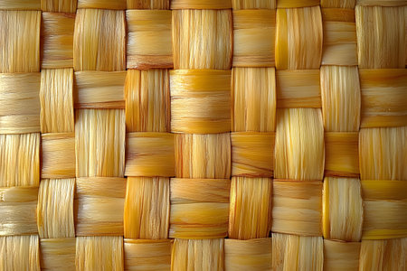 Detailed view of a woven straw basket showcasing intricate craftsmanship and natural texture. the interlaced pattern highlights the warm tones of the straw, emphasizing the artistry and skill involved in basket weaving. Generative AIの素材