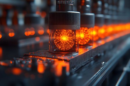 Glowing vacuum tubes are arranged along an industrial conveyor belt, emitting a warm orange light. the high-tech setup suggests a focus on electronics manufacturing, innovation, and energy. Generative AIの素材