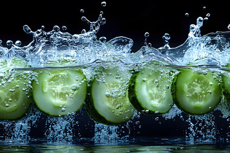 Dynamic image of fresh cucumber slices splashing into water against a dark background. the motion and water droplets create a sense of freshness and hydration, the purity and natural allure of the cucumber. Generative AIの素材