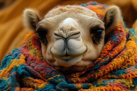 A stunning close-up of a camel's face enveloped in a vibrant, multicolored knit fabric. the warm hues of orange, blue, and yellow contrast with the camel's soft fur, evoking themes of travel, culture, and exotic destinations. Generative AIの素材