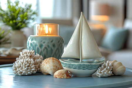 Nautical-themed coastal decor features a lit candle, a ceramic sailboat, coral accents, and seashells on a light blue wooden table. the composition exudes a serene beach vibe, perfect for enhancing home interiors with a maritime touch. Generative AIの素材