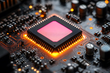 High-tech circuit board featuring a glowing central microchip surrounded by intricate electronic components. the vibrant orange and black color scheme highlights the modern innovation and precision essential in technology and computing. Generative AIの素材