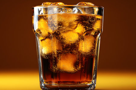 A refreshing glass of cola filled with ice cubes against a warm, amber background. the carbonated bubbles and glistening ice create a visually appealing and enticing scene suitable for beverage marketing and promotion. Generative AIの素材