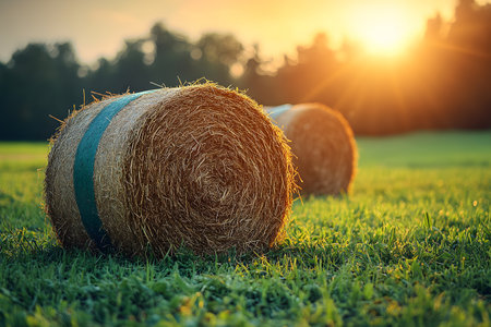 Hay bales rest in a sunlit field, bathed in the warm glow of the setting sun. the vibrant green grass contrasts with the rustic texture of the hay, creating a serene agricultural landscape that embodies rural tranquility. Generative AIの素材