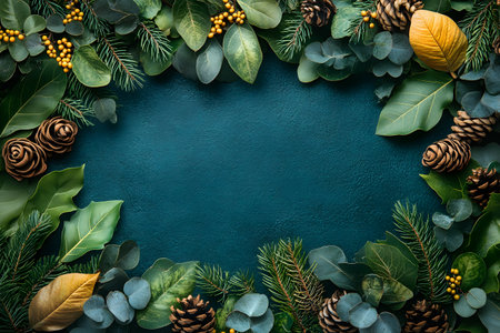 A lush arrangement of pinecones, green leaves, and berries creates a festive border on a deep green textured background, perfect for holiday decorations, seasonal greetings, or nature-themed designs. Generative AIの素材