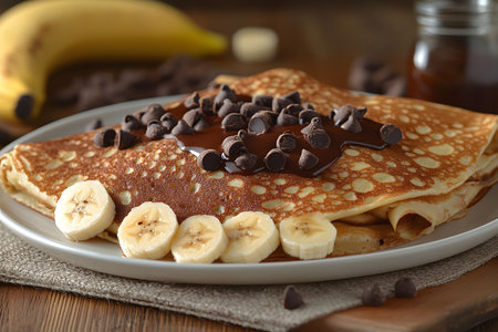 Gourmet breakfast featuring crepes topped with sliced bananas, chocolate chips, and syrup. perfect for brunch settings, showcasing sweet indulgence and culinary art. a delightful combination of flavors and textures. Generative AIの素材