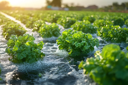 Vibrant green lettuce plants thrive in a sunlit field, showcasing sustainable farming with innovative irrigation techniques. the morning sun highlights the freshness and vitality of organic agriculture during sunrise. Generative AIの素材