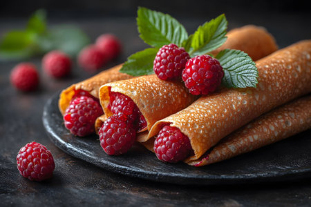 Mouthwatering crepes filled with ripe raspberries, presented on a dark plate with fresh mint leaves. the vibrant colors and textures make for an enticing culinary scene, perfect for food photography enthusiasts and design uses. Generative AIの素材