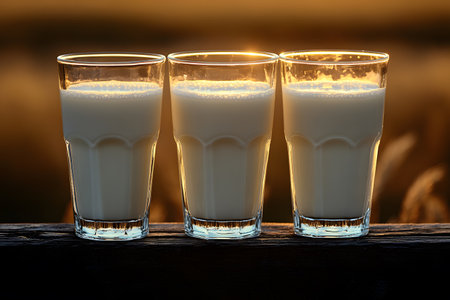 Three glasses of fresh milk sit on a wooden ledge, beautifully backlit by a warm sunset. the golden tones create a serene and inviting atmosphere, perfect for food and beverage themes related to dairy or natural freshness. Generative AIの素材