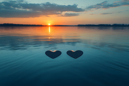 A serene lakeside sunset featuring two heart reflections on calm water, set against a backdrop of vibrant orange and blue hues. ideal for romantic themes, such as valentine's day, or tranquil nature designs. Generative AIの素材