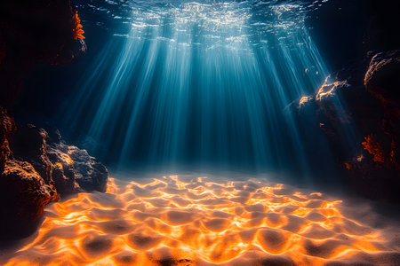 Sunlight pierces the ocean surface, creating a mesmerizing display of light and shadow on the sandy ocean floor surrounded by rocky formations. orange coral adds contrast, the serene underwater scene. Generative AIの素材
