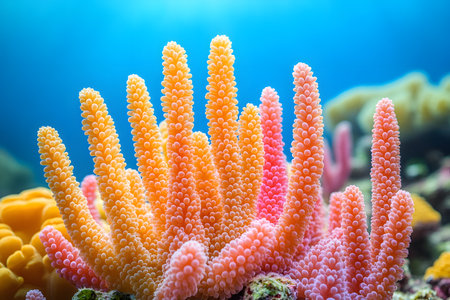 Vivid coral in shades of orange and pink thrive beneath clear ocean waters, showcasing nature's underwater palette. these marine ecosystems play a crucial role in supporting diverse sea life and maintaining ecological balance. Generative AIの素材