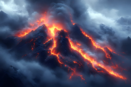 Volcanic eruption showcasing vibrant lava streams contrasted against dark, billowing clouds. vivid depiction of natural forces in a dramatic landscape, revealing the raw power and beauty of nature's phenomena. Generative AIの素材