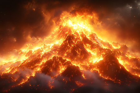 A towering volcanic eruption spews vibrant molten lava and thick clouds of ash skyward. the dramatic fiery glow contrasts against the darkened sky, capturing the awe-inspiring intensity and beauty of nature's forceful phenomena. Generative AIの素材