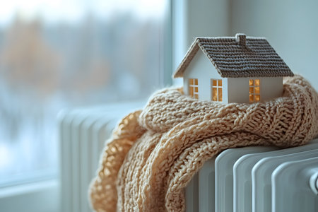 A miniature house model sits atop a heating radiator wrapped in a soft knitted blanket, symbolizing warmth and comfort in a cozy home setting. the gentle lighting and soft focus create a tranquil, inviting atmosphere. Generative AIの素材