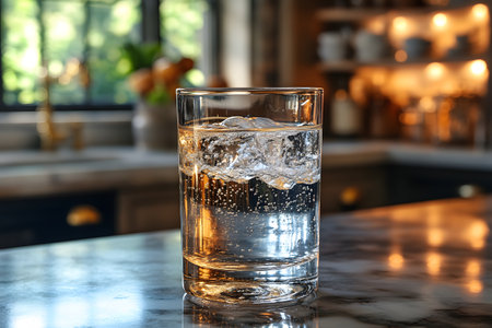 Sparkling water in a clear glass sits on a marble kitchen counter, reflecting warm sunlight streaming through a window. the background reveals a blurred modern kitchen with soft lighting and elegant decor. Generative AIの素材