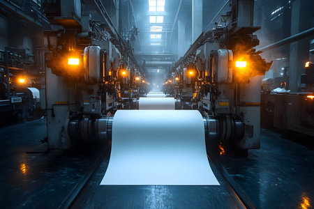 Advanced printing machinery operates in a large-scale industrial facility, producing continuous rolls of paper. the dimly lit, vast interior highlights sophisticated technology and the efficiency of modern manufacturing processes. Generative AIの素材