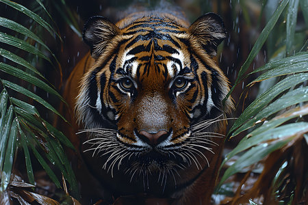 A striking tiger emerges from dense jungle foliage, its piercing gaze and intricate stripe patterns. the natural setting and rich greenery emphasize the wild beauty and majesty of this powerful big cat. Generative AIの素材