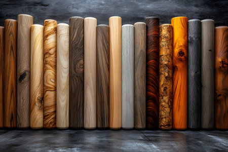 A collection of wooden cylinders showcases a variety of rich textures and grains, the beauty and diversity of wood. suitable for interior design inspiration, art projects, and architecture themes. Generative AIの素材