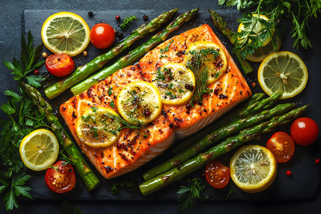 Grilled salmon fillet garnished with lemon slices, surrounded by fresh asparagus and cherry tomatoes on a dark serving platter. the vibrant colors and textures create a visually appealing culinary presentation, perfect for gastronomy themes. Generative AIの素材