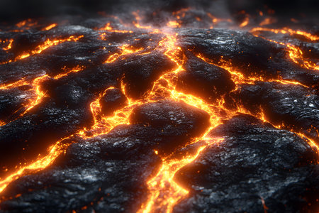 Dynamic and intense image of glowing molten lava streaming through fissures in a blackened rock surface. the contrast highlights the vibrancy and energy of the lava against the dark, solid rock, depicting natural geological processes in action. Generative AIの素材