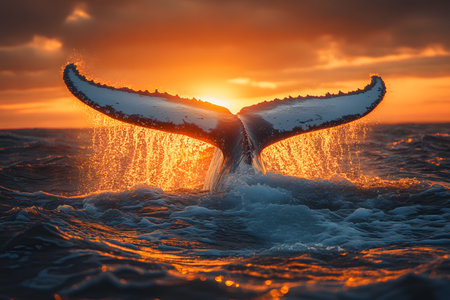 A breathtaking view of a whale's tail emerging gracefully from ocean waves, silhouetted against a stunning, fiery sunset. the glowing sunlight illuminates the scene, creating a mesmerizing natural spectacle. Generative AIの素材