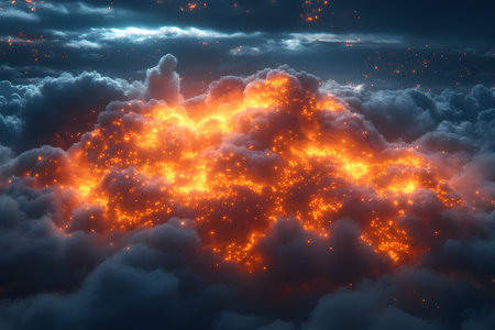 A breathtaking display of bright, fiery colors within dark, swirling clouds mimicking a volcanic eruption. sparks and embers illuminate the night sky, offering a fantasy scene ideal for artistic and design purposes. Generative AIの素材
