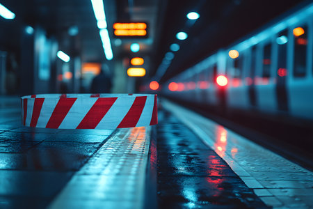 Subway platform scene with a striped barrier safety measures. blurred train movement signifies speed and urban life. dim lighting with reflections adds a modern, dynamic atmosphere. Generative AIの素材