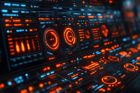 A high-tech digital interface displaying holographic data visualizations in vivid orange and blue tones. the complex dashboard features graphs, charts, and radial graphs, symbolizing advanced technology and innovation in digital design. Generative AIの素材