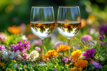 Two wine glasses filled with white wine sit elegantly among a vibrant array of blooming flowers in a sunlit garden. the scene evokes a sense of romance and tranquility, perfect for a leisurely outdoor escape or celebratory occasion. Generative AIの素材