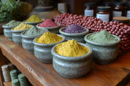 A collection of natural pigments in various vibrant colors displayed in rustic ceramic bowls. these organic powders, in hues of yellow, red, purple, and green, are ideal for sustainable art, dye, and craft projects. Generative AIの素材