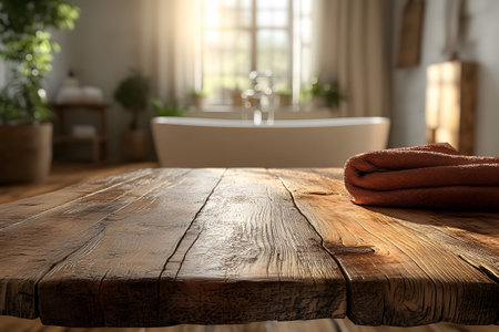 Sunlight streams into a serene bathroom with a rustic wooden table in the foreground. a cozy towel is neatly placed on the table, adding warmth to the tranquil, spa-like atmosphere surrounded by greenery and soft lighting. Generative AIの素材